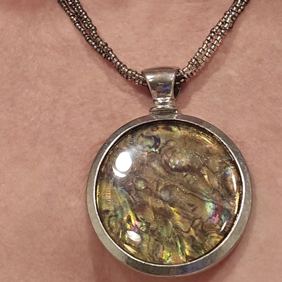 Lrg Round Abalone Pendant Statement Silver Tone Chain - Picture 1 of 8